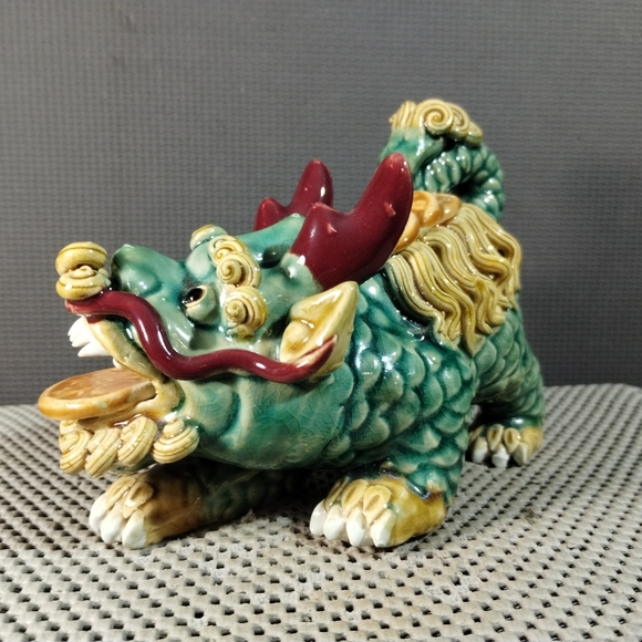 Chinese Traditional WuCai Porcelain Feng Shui kylin Foo Dog Lion Statue - Picture 3 of 12
